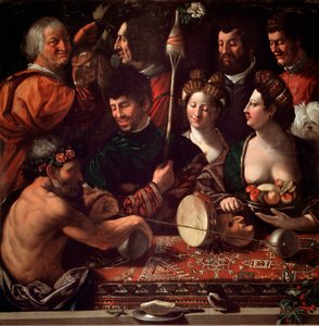 Bambocciata (pintura burlesca). Feitiçaria ou alegoria de Hércules. Pintura de Giovanni Luteri dit Dosso Dossi (c.1479-1542). Sol do século XVI. 143x144 cm Galleria degli Uffizi (Escritórios), Florença, Itália.