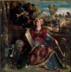 Circe the magician A bruxa é representada na sua ilha com vegetação luxuriante, acompanhada por um cão, armadura é colocada no chão. Pintura de Giovanni Luteri chamada Dosso Dossi (ca. 1489-1542) 1530 aproximadamente. Sol. 176x174 cm Roma Galleria Borghese