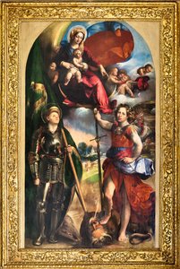 Madonna com Menino Jesus e São Jorge e São Miguel Arcanjo, c.1518 (óleo no painel) de Dosso Dossi