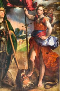 Madonna com Menino Jesus e São Jorge e São Miguel Arcanjo, detalhe de 2384617, c.1518 (óleo sobre painel) de Dosso Dossi