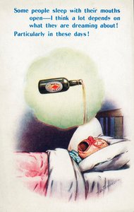 Alcoolismo: homem a dormir com a boca aberta e a sonhar com cerveja (litografia a cores)
