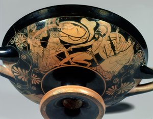 Ajax, instigado por Athena, ataca Hector a cuja ajuda Artemis corre, detalhe do lado de fora de uma taça ática de figuras vermelhas (The Douris Cup), feita por Kalliades, c.490 aC (cerâmica) (ver também 85701 e 34
