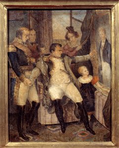 Retrato de Napoleão I (1769-1821) em frente ao retrato de seu filho o Rei de Roma Napoleão II (1811-1832) oferecido por seus companheiros de exílio na ilha de Santa Helena Peinture de Dubreuil (1799-1850) de Dubreuil