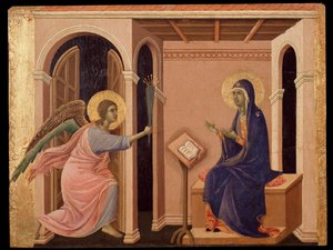 Anúncio da Morte de Maria. Predella da Maesta (tempera sobre madeira de Duccio di Buoninsegna