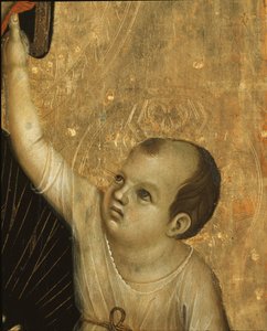 Crevole Madonna: Detalhe da Criança - tempera e ouro no painel de Duccio di Buoninsegna
