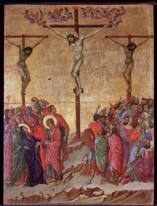 A crucificação. Dos lados, o bom ladrão (Dismas) e o ladrão impenitente (Gestas). O retábulo da Maesta (tempera e ouro sobre madeira de Duccio di Buoninsegna