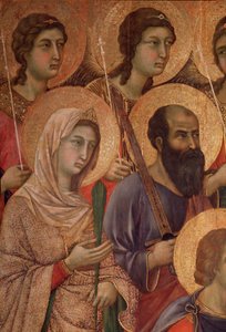 Virgem e criança no trono, detalhe com santa Catarina de Alexandria e santa Paulo. (La Maesta) (tempera e ouro sobre madeira de Duccio di Buoninsegna