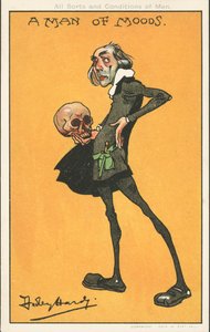 Um homem de humor: O personagem de Shakespeare, Hamlet, com o crânio de Yorick (cor litho)