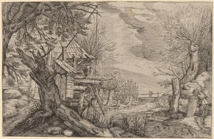 Paisagem com Log House perto de um rio de Dutch 17th Century, formerly Jacques de Gheyn II