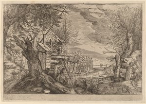 Paisagem com Log House perto de um rio de Dutch 17th Century, formerly Jacques de Gheyn II