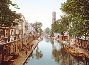 Ver olhando para baixo o Oudegracht em Utrecht, 1890-1900