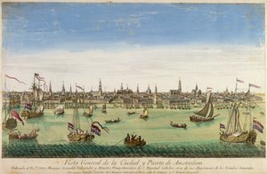 Uma visão geral do porto e da cidade de Amsterdã, gravada por DG Hucquier, século XVI de Dutch School