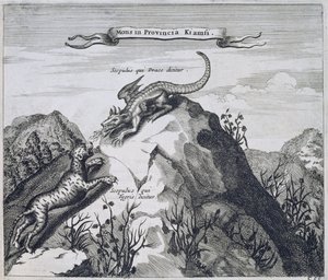 Uma montanha na província de Jiangxi com penhascos conhecidos como o dragão e o tigre, da China Ilustrado por Athanasius Kircher (1601-80) 1667 de Dutch School