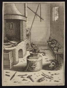 Estúdio de um escultor com a cabeça cortada da Medusa no chão (gravura)