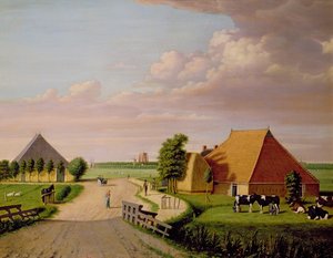 Um estudo de Leevwarden na Holanda com um rebanho de gado Friesian em primeiro plano de Dutch School