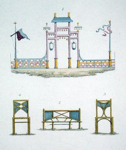 Porta e bancos de jardim chineses, da 