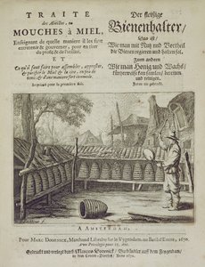 Capa de abelhas ou mel voa ... impresso em francês e alemão, gravado por GVEckhout, Amsterdam 1670 de Dutch School
