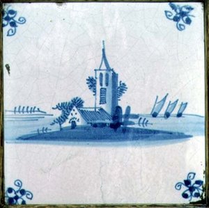 Azulejo de Delft mostrando uma igreja com três velas de barcaça de Dutch School