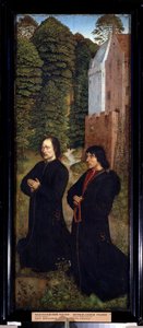 ""Dois doadores, membros de uma guilda de sapateiros"" Pintura em madeira da escola holandesa do século XV (mestre de São Crispim) Museu Pushkin do início do século XVI, Moscou de Dutch School