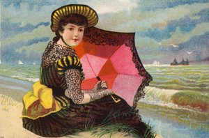 Garota holandesa, com guarda-sol, à beira-mar de Dutch School