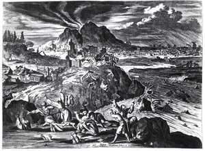 Terremoto em Edo (Tóquio) em 1659, ilustração do relato de Arnold Montanus de embaixadas enviadas pela Companhia Holandesa das Índias Orientais ao Imperador do Japão, publicado em Amsterdã 1669 ( de Dutch School