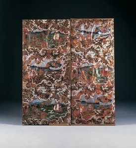 Painéis em relevo e policromados decorados, finais do século XVII (couro) de Dutch School