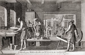 Fábrica de Abraham van Wylick, Indústria da Seda de Amesterdão, de "Geschiedenis van Nederland", publ. 1936 (litografia) de Dutch School