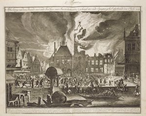 Incêndio na antiga Câmara Municipal de Amsterdam, 17 de julho de 1652, de um livro sobre Firefighting na Holanda, publicado em c.1700 de Dutch School
