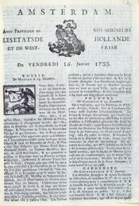 Primeira página de La Gazette dAmsterdam, 16 de janeiro de 1733 (impresso) de Dutch School