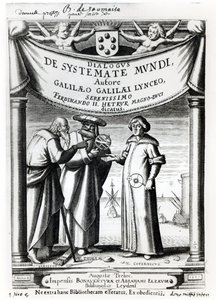 O frontispício do sistema de diálogo do Mundo por Galileu (1564-1642), publicado em Leyden, 1635 de Dutch School
