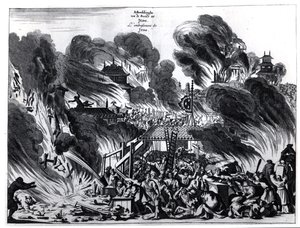 Grande Incêndio em Yedo (Tóquio) no século XVII, ilustração do relato de Arnold Montanus de embaixadas enviadas pela Companhia Holandesa das Índias Orientais ao Imperador do Japão, publicado em Amsterdã 1680 de Dutch School
