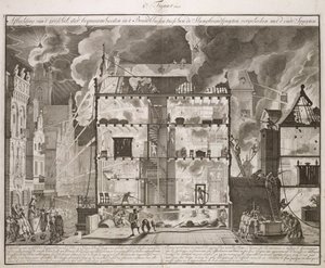Ilustração mostrando como novas mangueiras longas podem chegar a todas as partes de um edifício, de um livro sobre Firefighting na Holanda, publicado em c.1700 de Dutch School