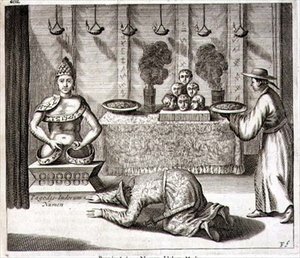Interior de um templo a um Deus indiano, de "China Ilustrada" por Athanasius Kircher (1601-80) 1667 (gravura) de Dutch School