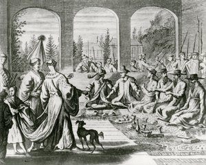Jesuítas com mercadores holandeses e portugueses na corte japonesa, c.1670 (gravura) de Dutch School