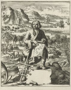 Louis Hennepin desembarcando na América do Norte, pub. 1688 (gravura) de Dutch School