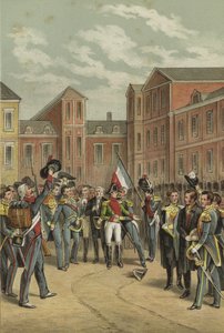 Napoleão se despede da Guarda Imperial no Pátio do Cavalo Branco do Palácio de Fontainebleau, 1814 de Dutch School