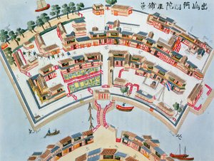 Plano da Fábrica Holandesa na Ilha de Desima em Nangasaki, de Ilustrações do Japão por Isaac Titsingh (c.1740-1812), publicado em Londres, 1822 de Dutch School