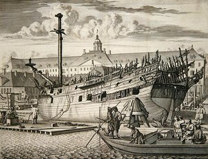 Navio que pegou fogo em frente ao Arsenal Marítimo da Companhia Holandesa das Índias Orientais de Dutch School