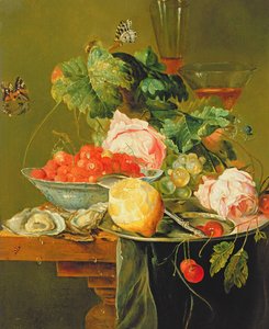 Ainda vida de rosas, ostras, morangos em uma tigela de porcelana e outras frutas em mercadorias de estanho, c.1820