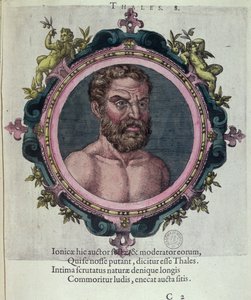 Tales de Mileto (BC c.625-547), de velhos e novos médicos e filósofos ícone por Johannes Sambucus (1531-1584), publicado pela Plantin em Antuérpia 1574 (gravura da cor) de Dutch School