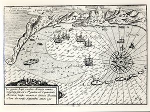 Chegada do Vice-almirante Wybrandt Van Warwijcks Flotilha no Porto Sudeste da Ilha Maurícia em setembro de 1598 de Dutch School