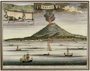 A, ilha, de, Ternate, moluccas, indonésia, ilustração, de, antigas, novo, leste, 1724-26 de Dutch School