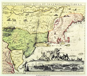 O mapa Restitutio-Allardt de New Amsterdam, gravado e pub. por Carolus Allardt, 1673 (gravura em cobre)