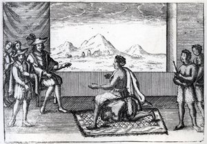 Encontro da rainha Nzinga do Ndongo com João Correia de Sousa, governador português de Luanda, em 1622 (gravura) de Dutch School