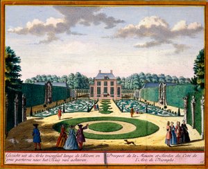 Vista da casa e do jardim perto do arco triunfal, de Het Zeganpralent Kennemerlant por Hendrick de Leth e Matthias Brouerius Van Nidek, publicado c.1700-30 de Dutch School