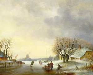 Cena de inverno com um moinho de vento de Dutch School