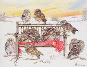 Little Owls on Twig Bench, 1999 (acrílico sobre tela)