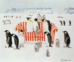 Pinguins em um sofá vermelho e branco, 1994 (acrílico)