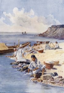 Mulheres coreanas a lavar roupa num rio (cor litho) de E.H. Fitchew