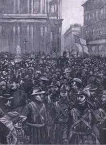 Os CIVs marchando pela Ludgate Hill, a caminho da Masion House até a estação de Waterloo, ilustração daCassells History of England, 1900s